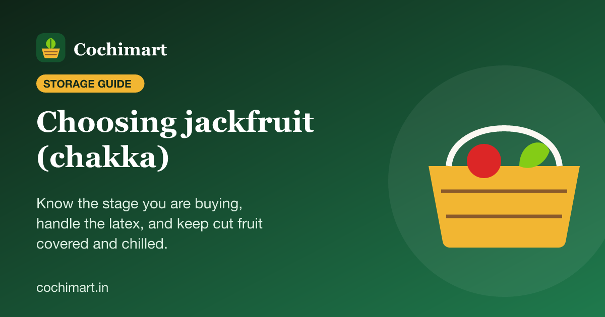 Illustration of a whole jackfruit and cut bulbs for a guide to choosing and storing jackfruit (chakka)