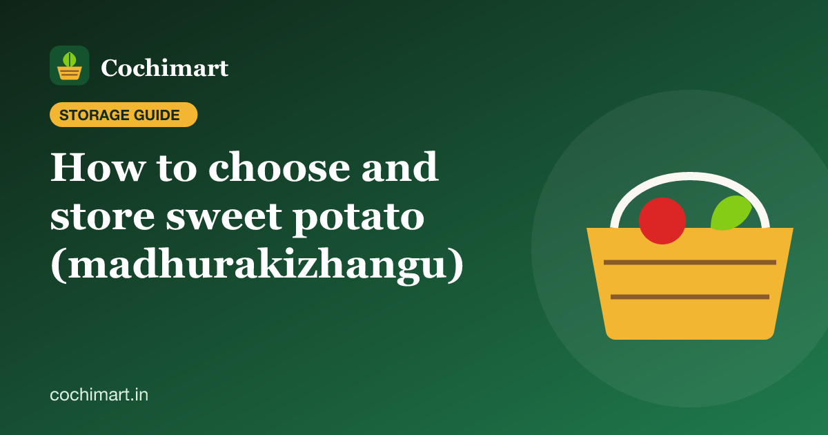 Illustration of a basket of roots for a guide to choosing and storing sweet potato (madhurakizhangu)